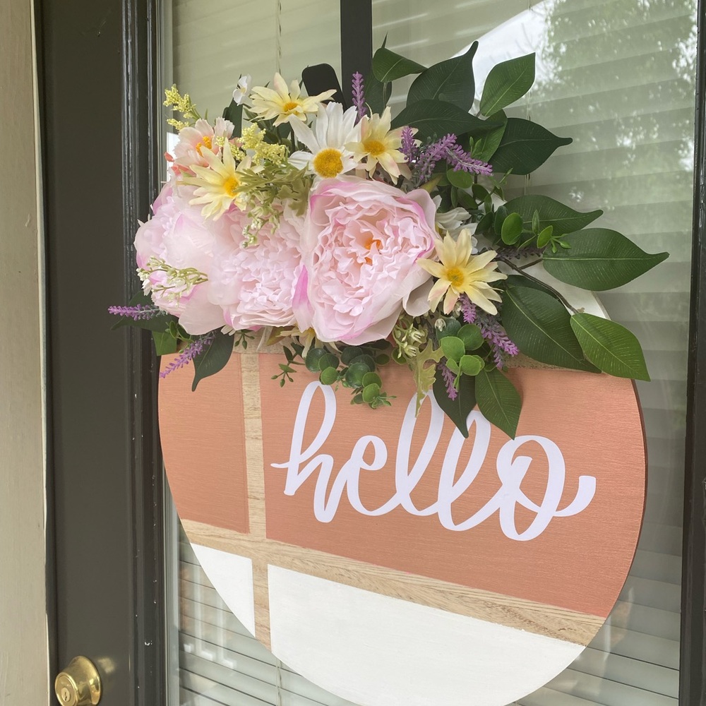 HANDMADE Door Hanger | Spring Summer Door Decor | Pink Peony Wood Welcome Sign - Picture 2 of 3